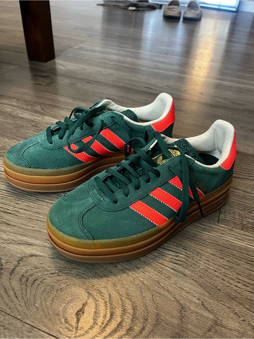 adidas Gazelle Platform Sneakers in Dark Green with Coral Highlights - Picture 7 of 10